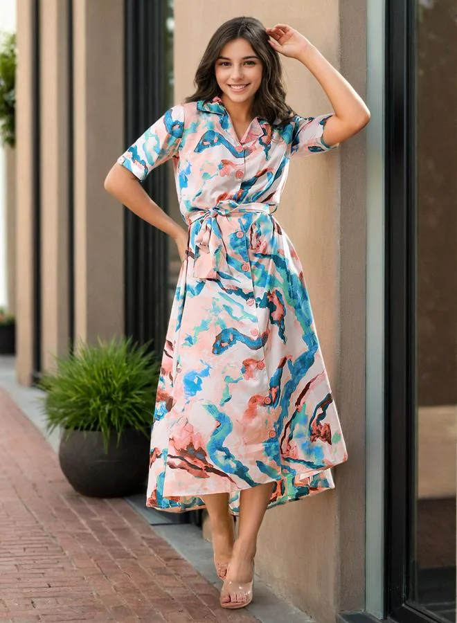 Freehand Abstract Print Sheath Buttoned Maxi Dress