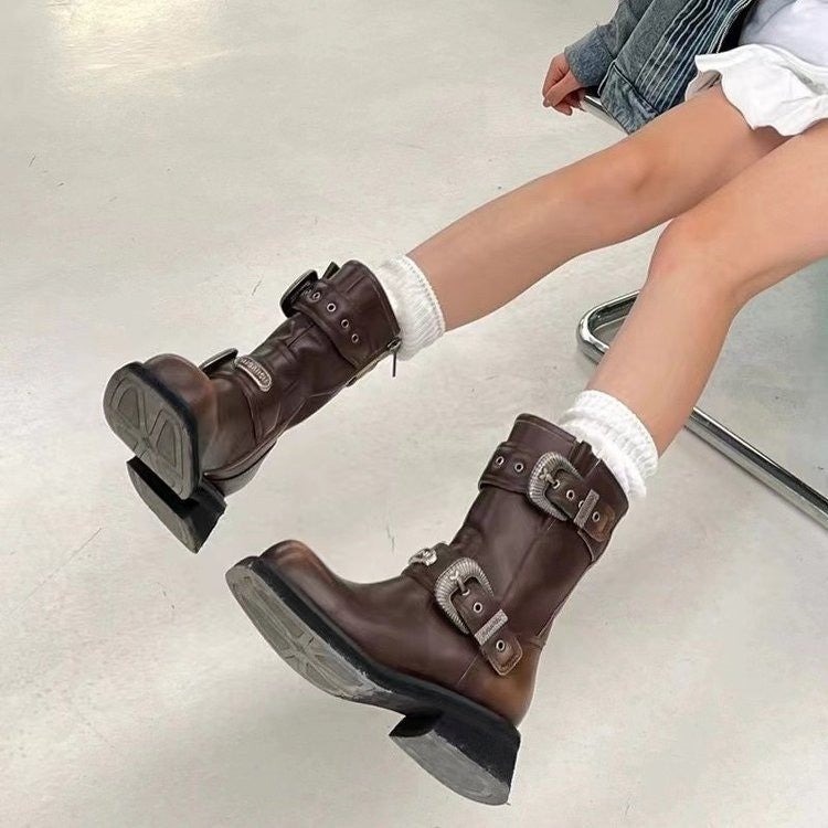 [Li Daren] Zhao Zhaoyi~Maillard Brown Short Boots Women'S Retro British Style Knight Western Boots Increase Height - Image 5
