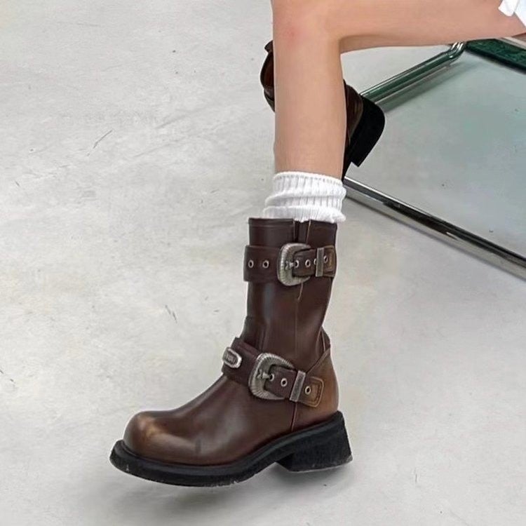 [Li Daren] Zhao Zhaoyi~Maillard Brown Short Boots Women'S Retro British Style Knight Western Boots Increase Height - Image 3
