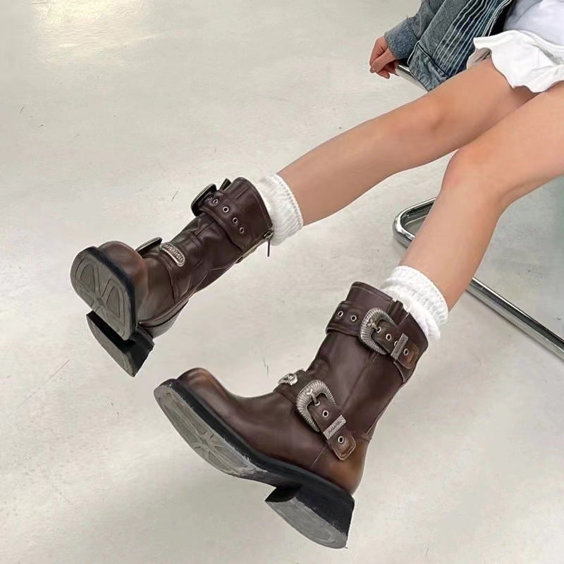 [Li Daren] Zhao Zhaoyi~Maillard Brown Short Boots Women'S Retro British Style Knight Western Boots Increase Height - Image 1