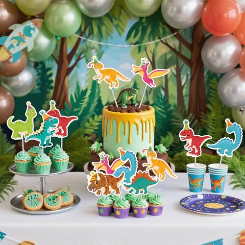 Machomby 40Pcs Dinosaur Cupcake Toppers Cute Tyrannosaurus Rex Triceratops Cupcake Picks Dinosaur Cake Topper Picks for Kids Birthday Baby Shower Dino Party Cake Toppers Decorations - Image 5
