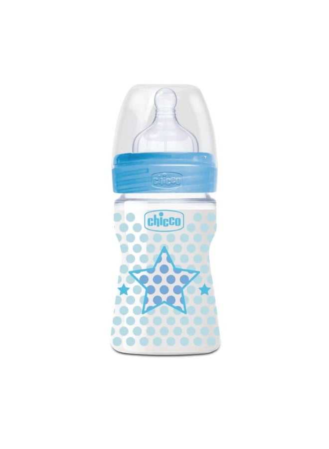 Chicco WellBeing 150 ml Feeding Bottle, Advanced Anti-Colic System, Soft & Hygienic Silicone Teat, BPA free (Blue) - Image 1