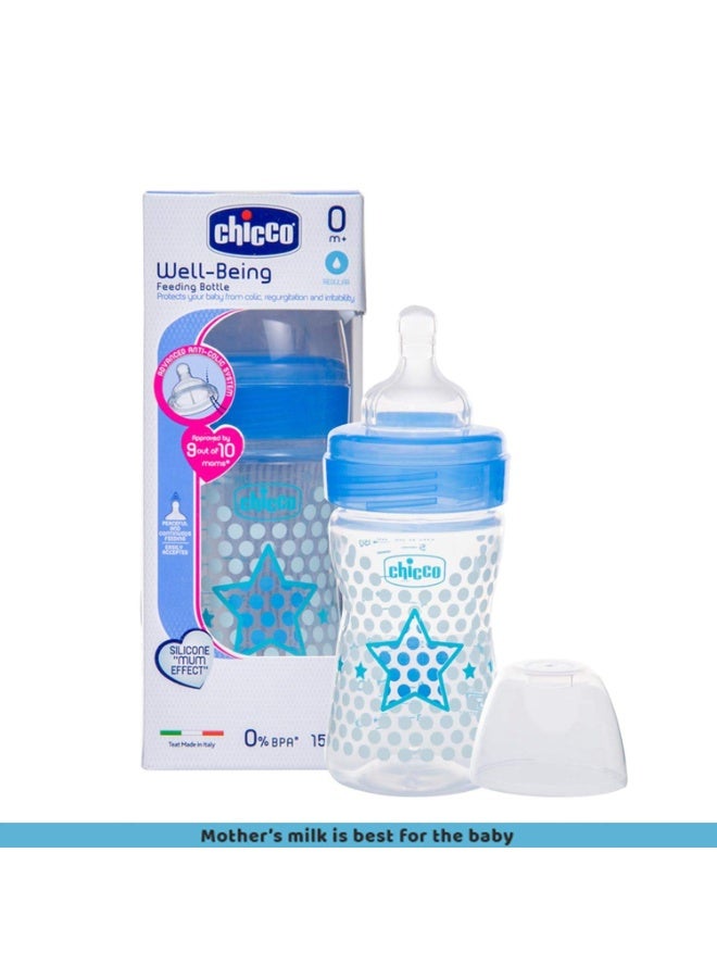 Chicco WellBeing 150 ml Feeding Bottle, Advanced Anti-Colic System, Soft & Hygienic Silicone Teat, BPA free (Blue) - Image 2