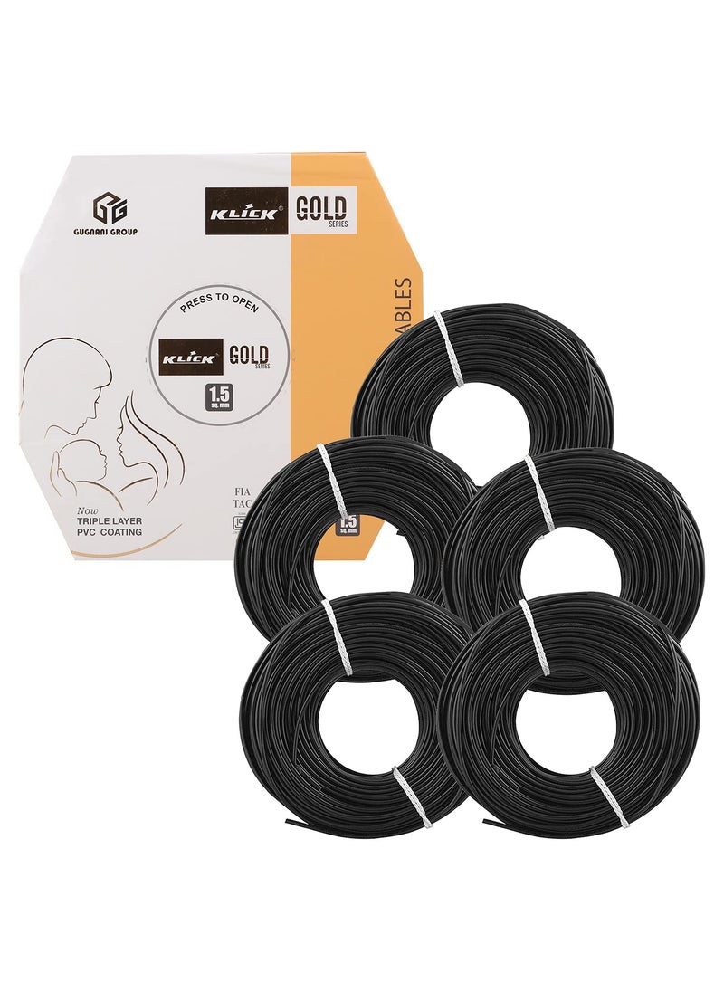 KLICK KLICK Copper Wire with Triple Layer PVC Coating Unilay Bunching Single Core Unsheathed Flexible Electric Cable for Domestic Industrial Connections Gold Series 15 mm 90m Long Black 5 Pcs  - Image 1