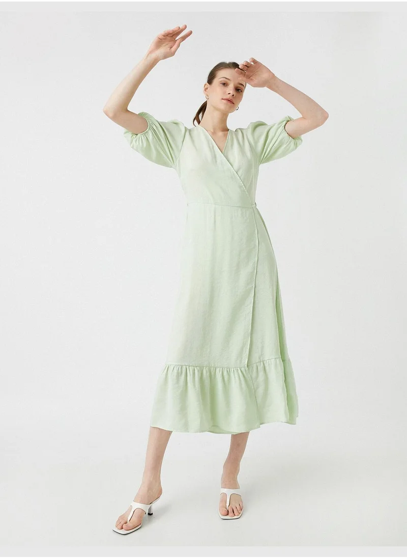 كوتون Midi Dress Puff Sleeve V Neck Modal Blended