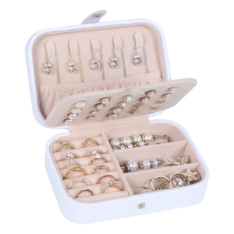 Travel Jewelry Box PU Leather Small Jewelry Organizer for Women Girls Portable Mini Travel Case Display Storage Holder Boxes for Stud Earrings Rings Necklaces Bracelets White Beige