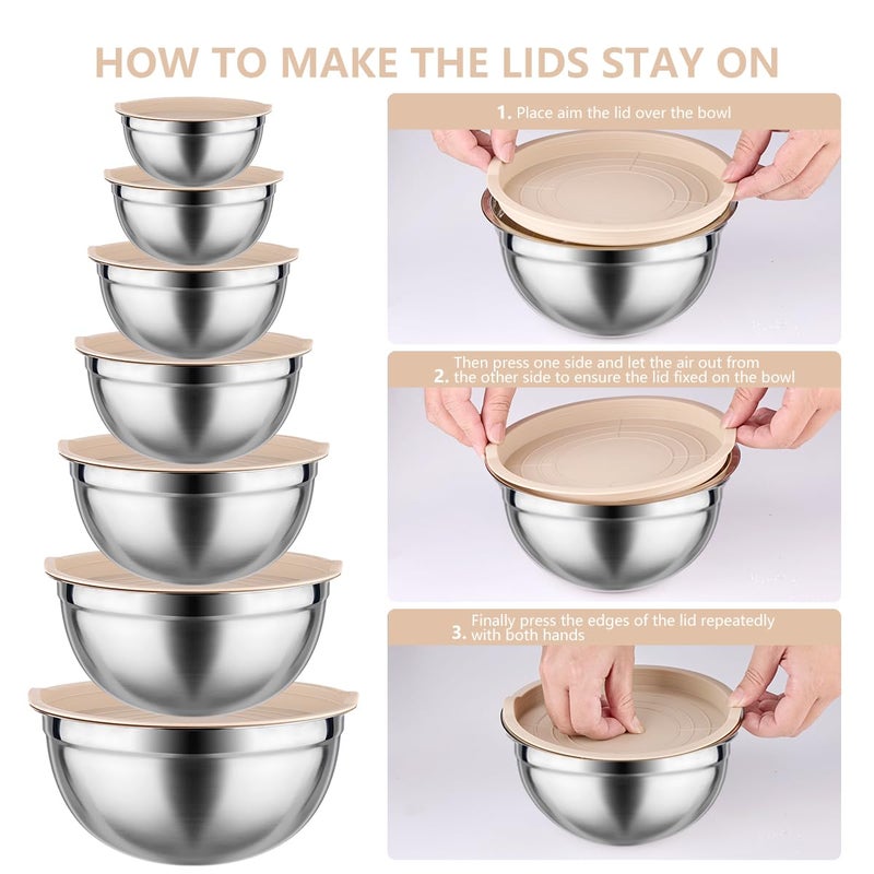 Leidawn Mixing Bowls With Lids Set - 26 Pcs Stainless Steel Nesting Khaki Mixing Bowls Set For Baking Mixing Serving & Prepping Size 5  3.7  2.8  2.3  1.7  1.1  0.7Qt  11 Cooking Utensils - Image 3