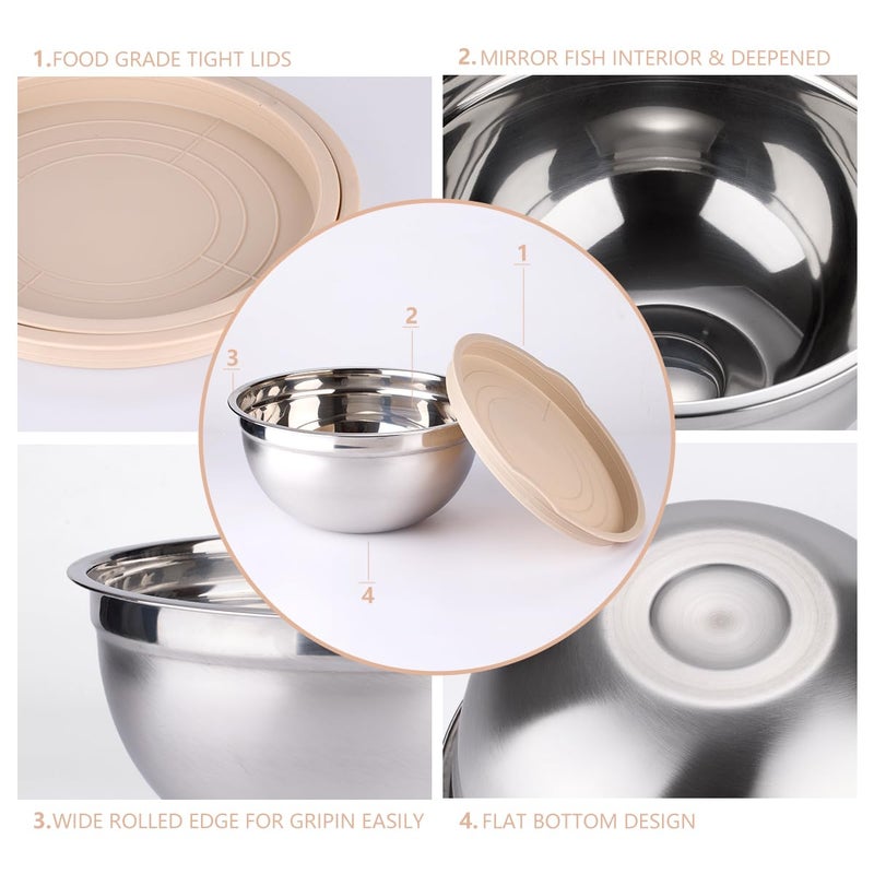 Leidawn Mixing Bowls With Lids Set - 26 Pcs Stainless Steel Nesting Khaki Mixing Bowls Set For Baking Mixing Serving & Prepping Size 5  3.7  2.8  2.3  1.7  1.1  0.7Qt  11 Cooking Utensils - Image 2