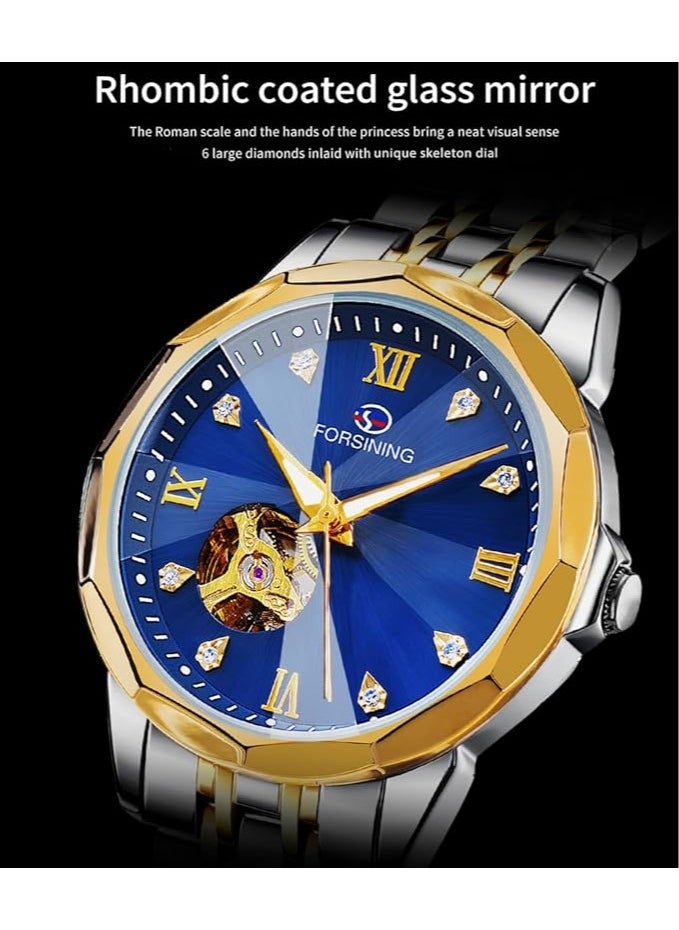 FORSINING Forsining Automatic Self-Winding Mechanical Watch with Blue Gold Dial and Skeleton Design, Fashion Mechanical Tourbillon Watch for Men, Day Date Dress Watch Gift for Men  - Image 2