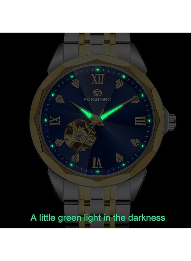 FORSINING Forsining Automatic Self-Winding Mechanical Watch with Blue Gold Dial and Skeleton Design, Fashion Mechanical Tourbillon Watch for Men, Day Date Dress Watch Gift for Men  - Image 4