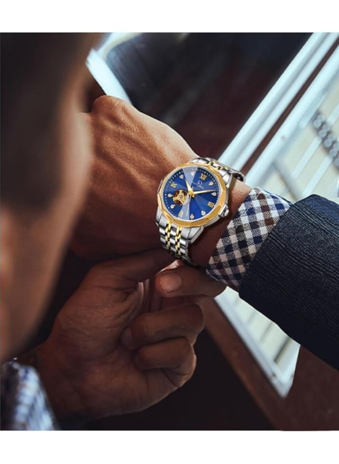 FORSINING Forsining Automatic Self-Winding Mechanical Watch with Blue Gold Dial and Skeleton Design, Fashion Mechanical Tourbillon Watch for Men, Day Date Dress Watch Gift for Men  - Image 3
