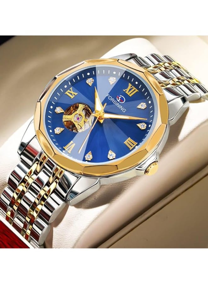 FORSINING Forsining Automatic Self-Winding Mechanical Watch with Blue Gold Dial and Skeleton Design, Fashion Mechanical Tourbillon Watch for Men, Day Date Dress Watch Gift for Men  - Image 5