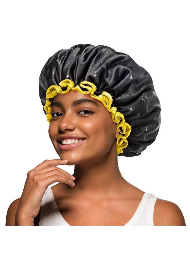 mikimini Black Shower Caps for Women Men & Girls 2 Packs, Reusable, Double Layers Waterproof Bathing Shower Hat with Soft Comfortable PEVA Lining, non-fading, Stretchy Shower Cap  - Image 1