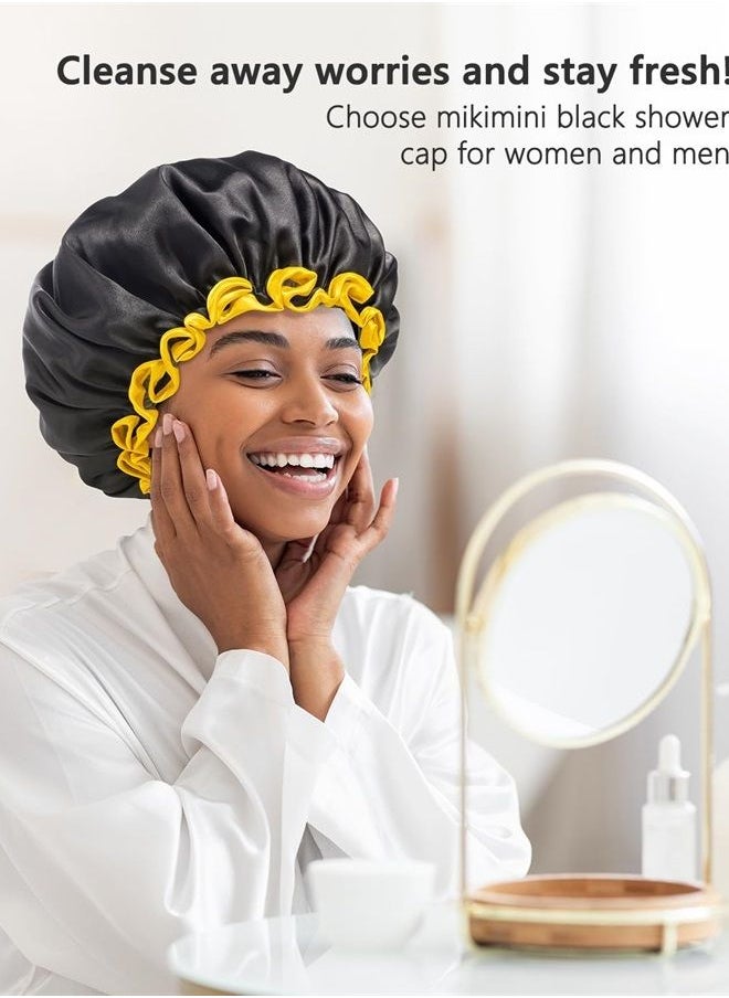 mikimini Black Shower Caps for Women Men & Girls 2 Packs, Reusable, Double Layers Waterproof Bathing Shower Hat with Soft Comfortable PEVA Lining, non-fading, Stretchy Shower Cap  - Image 4