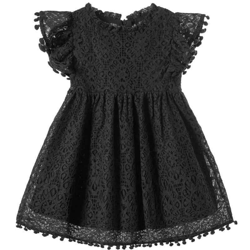 Niyage Toddler Girls Elegant Lace Pom Pom Flutter Sleeve Party Princess Dress Black 130,Little kid - Image 5