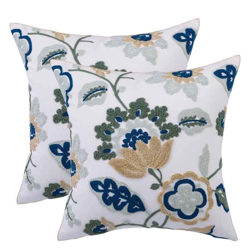 LUOYEHK Embroidered Decorative Throw Pillow Covers 18x18 Inch Pack of 2 Spring Farmhouse Floral Square Pillowcase Canvas Cushion Cover for Couch Sofa Bed Living Roomï¼ˆBlue Dragon Flowerï¼‰ - Image 1