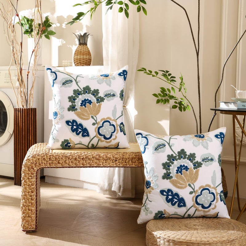 LUOYEHK Embroidered Decorative Throw Pillow Covers 18x18 Inch Pack of 2 Spring Farmhouse Floral Square Pillowcase Canvas Cushion Cover for Couch Sofa Bed Living Roomï¼ˆBlue Dragon Flowerï¼‰ - Image 3