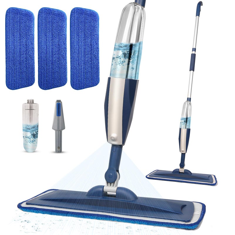 Spray Mops for Floor Cleaning Floor Mop with a Refillable Spray Bottle and 3 Washable Microfiber Pads Home or Commercial Use Dry Wet Flat Mop for Hardwood Laminate Wood Dark Blue