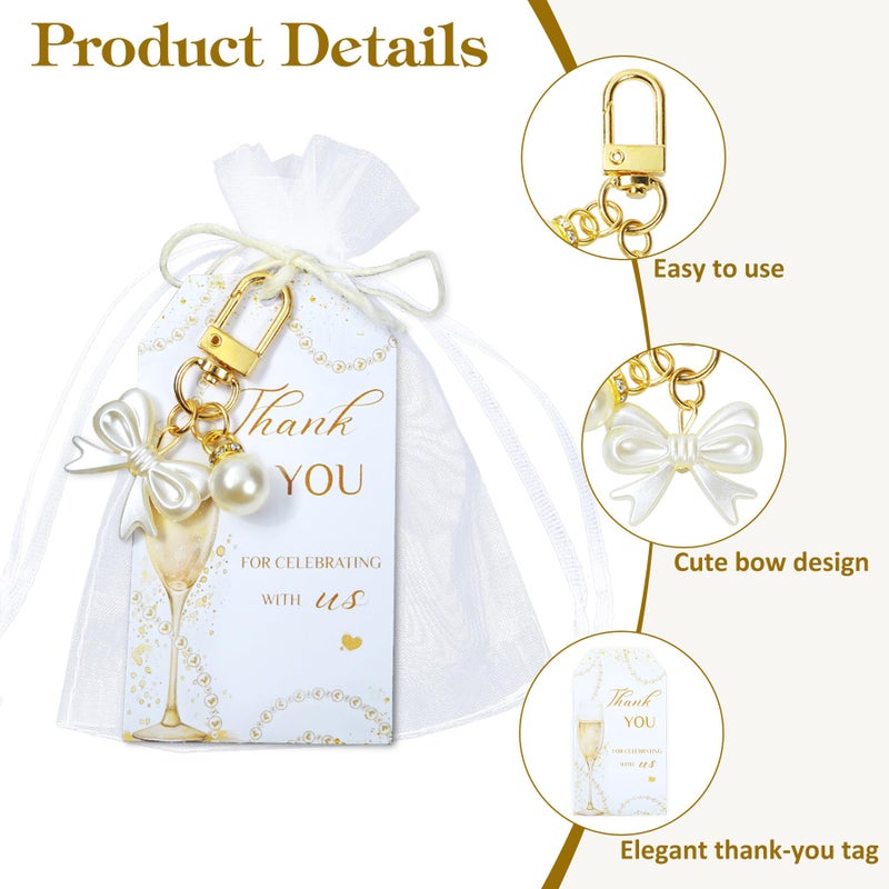 Ohmique 20 Set Pearls and Prosecco Bridal Shower Favors - Pearl Bow Keychain with Thank You Tag Party Supplies for Women, Pearls and Prosecco Bridal Shower Decorations Elegant Wedding Bachelorette Party Gift - Image 3