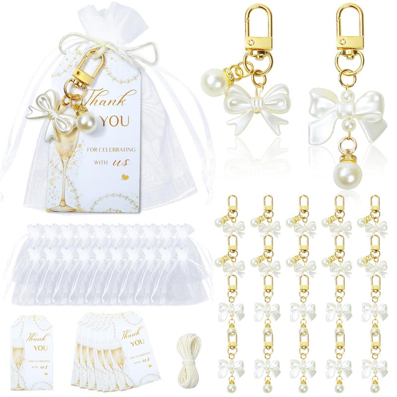 Ohmique 20 Set Pearls and Prosecco Bridal Shower Favors - Pearl Bow Keychain with Thank You Tag Party Supplies for Women, Pearls and Prosecco Bridal Shower Decorations Elegant Wedding Bachelorette Party Gift - Image 1