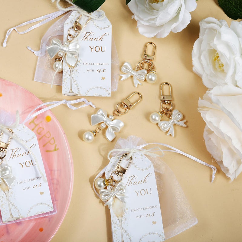 Ohmique 20 Set Pearls and Prosecco Bridal Shower Favors - Pearl Bow Keychain with Thank You Tag Party Supplies for Women, Pearls and Prosecco Bridal Shower Decorations Elegant Wedding Bachelorette Party Gift - Image 4