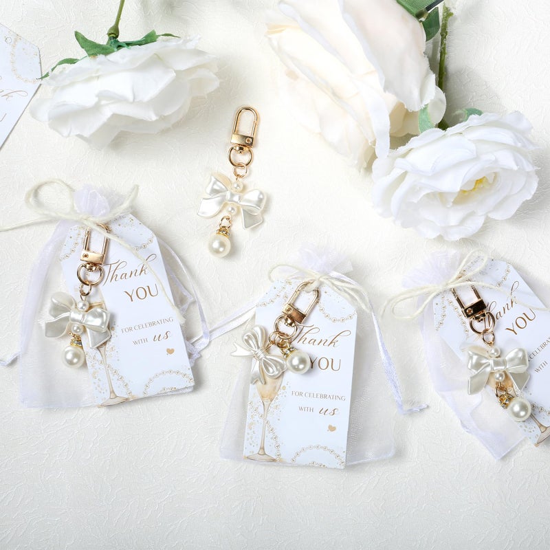 Ohmique 20 Set Pearls and Prosecco Bridal Shower Favors - Pearl Bow Keychain with Thank You Tag Party Supplies for Women, Pearls and Prosecco Bridal Shower Decorations Elegant Wedding Bachelorette Party Gift - Image 5
