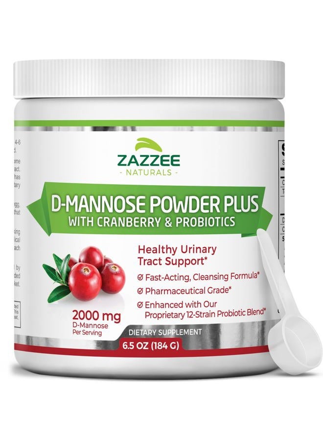 Zazzee D-Mannose Powder Plus, 2000 mg, 67 Servings, Potent & Fast-Acting, Plus 5 Billion CFU Probiotics and Pure Cranberry Juice Extract, Free Scoop, 6.5 Oz, Vegan, Gluten-Free, Non-GMO, All-Natural - Image 1