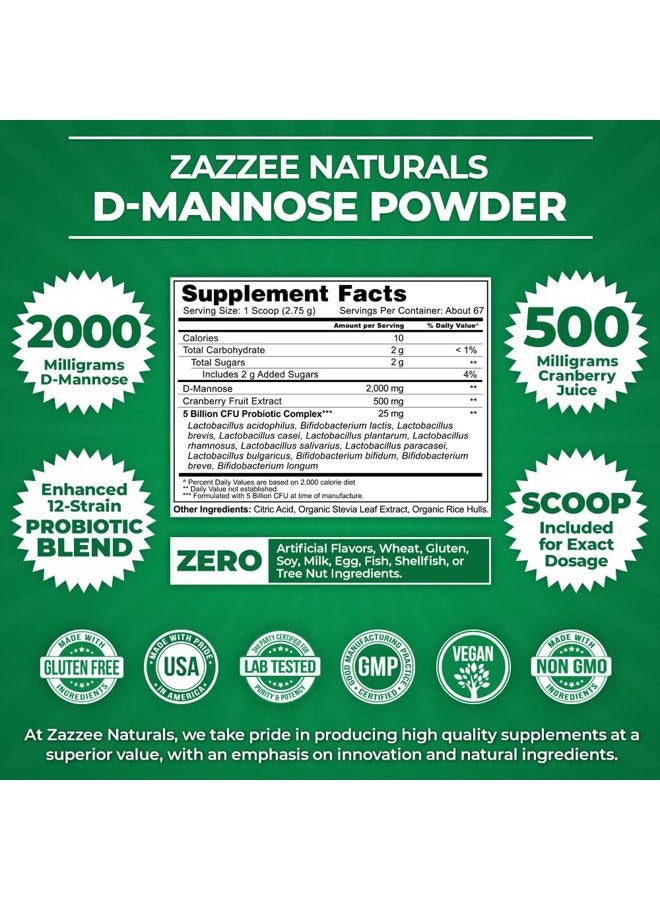 Zazzee D-Mannose Powder Plus, 2000 mg, 67 Servings, Potent & Fast-Acting, Plus 5 Billion CFU Probiotics and Pure Cranberry Juice Extract, Free Scoop, 6.5 Oz, Vegan, Gluten-Free, Non-GMO, All-Natural - Image 3