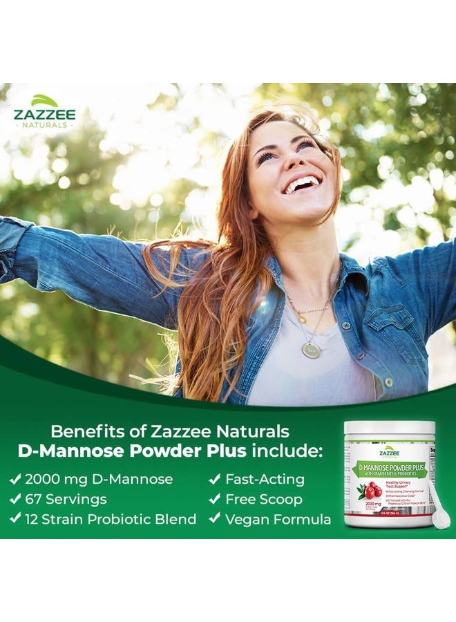Zazzee D-Mannose Powder Plus, 2000 mg, 67 Servings, Potent & Fast-Acting, Plus 5 Billion CFU Probiotics and Pure Cranberry Juice Extract, Free Scoop, 6.5 Oz, Vegan, Gluten-Free, Non-GMO, All-Natural - Image 2