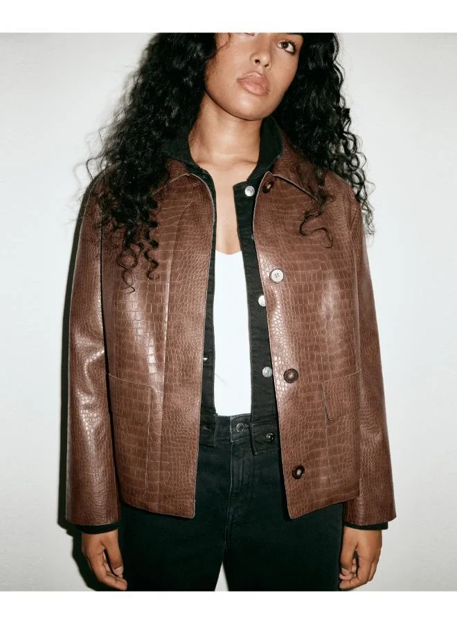 مانجو Croc-Effect Faux Leather Jacket
