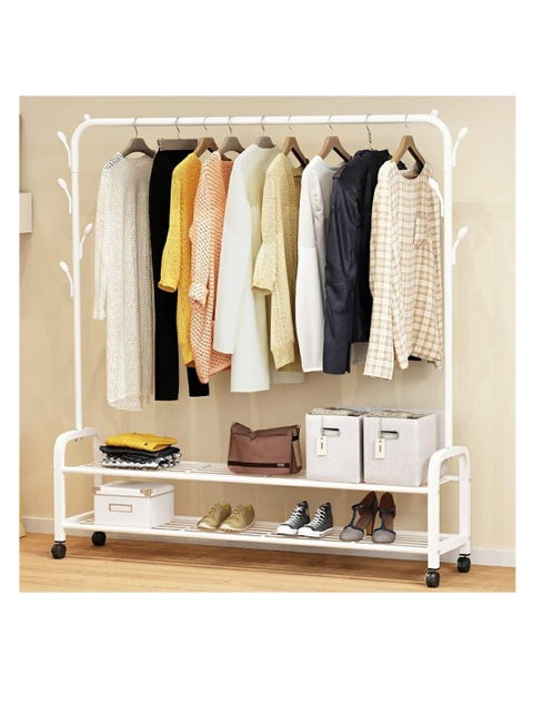Rolling Clothes Rack, Metal Clothes Hanging Garment Rack, Heavy Duty Indoor Bedroom Clothes Coat Stand Shoes Rack with Top Rod and Lower Storage Shelf Coat Rack (125cm 2 layers-White)
