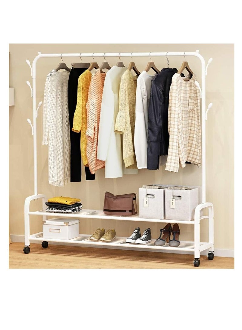 Rolling Clothes Rack, Metal Clothes Hanging Garment Rack, Heavy Duty Indoor Bedroom Clothes Coat Stand Shoes Rack with Top Rod and Lower Storage Shelf Coat Rack (125cm 2 layers-White)