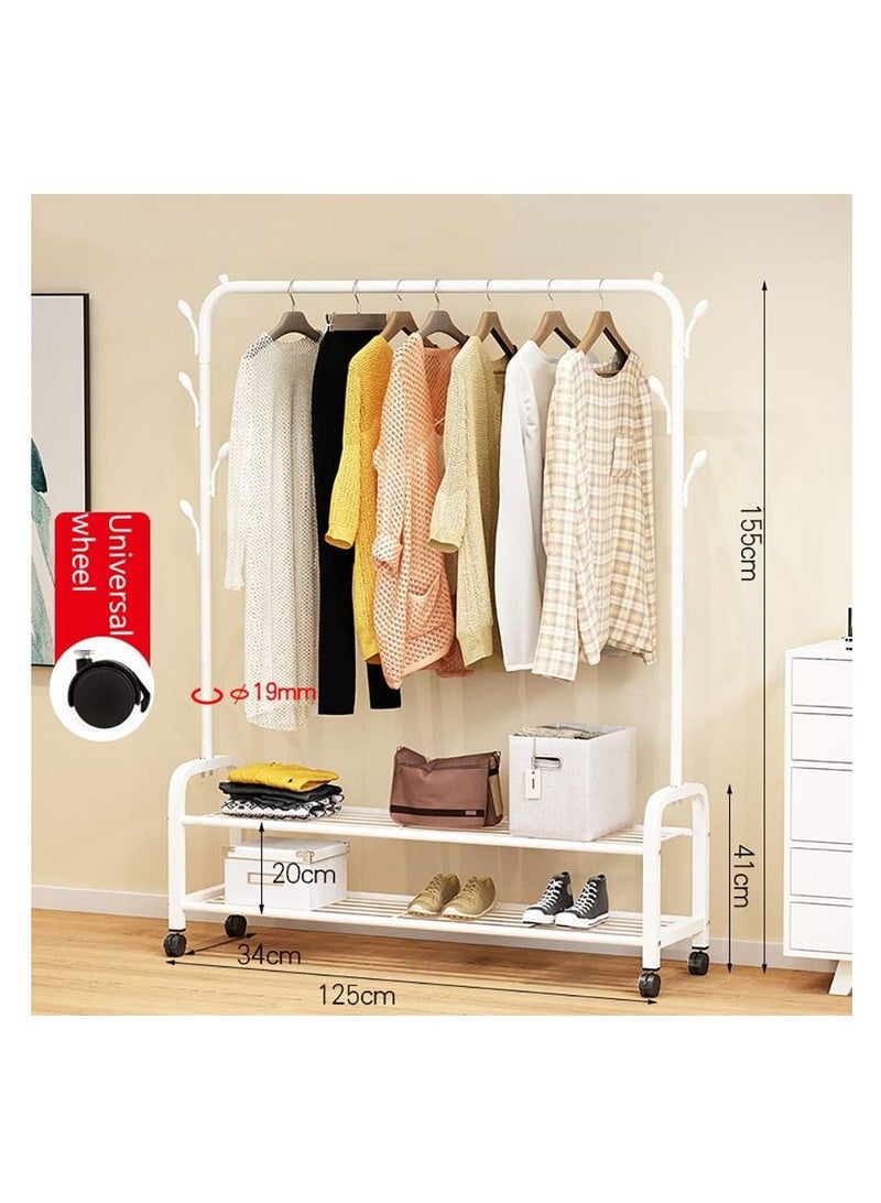 Rolling Clothes Rack, Metal Clothes Hanging Garment Rack, Heavy Duty Indoor Bedroom Clothes Coat Stand Shoes Rack with Top Rod and Lower Storage Shelf Coat Rack (125cm 2 layers-White)
