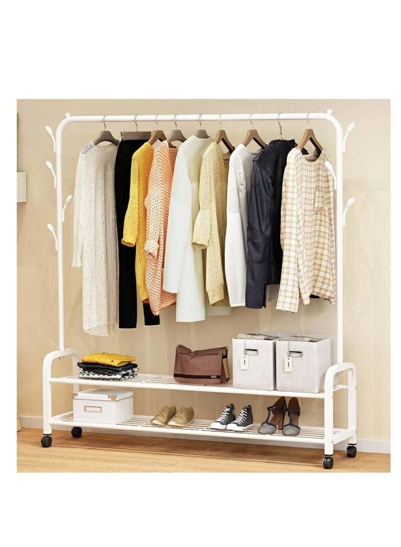 Rolling Clothes Rack, Metal Clothes Hanging Garment Rack, Heavy Duty Indoor Bedroom Clothes Coat Stand Shoes Rack with Top Rod and Lower Storage Shelf Coat Rack (125cm 2 layers-White)