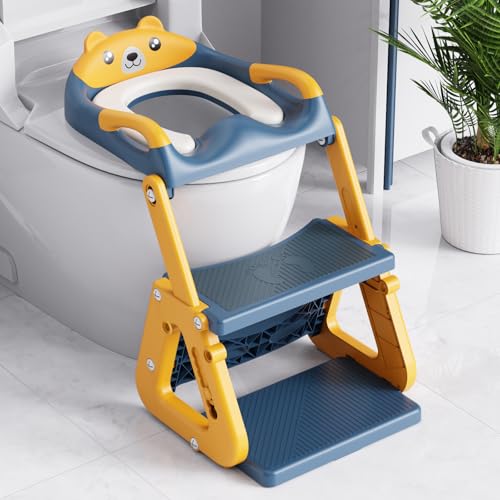 Orzbow Potty Training Seat Upgrade Toddler Potty Training Toilet with Step Stool 2in1 Stability Toilet Seat for Boys Girls with Splash Guard AntiSlip Pad Ladder and Height Adjustable Blue - Image 1