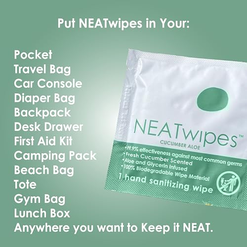 NEATSHEETS NEATwipes Hand Sanitizing Wipes | Travel Size | Disposable Wet Wipe & Biodegradable | Cucumber Aloe Essential Oil | Soothing Aloe & Glycerin | 24 Individually Wrapped Wipes - Image 4