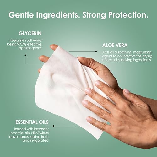 NEATSHEETS NEATwipes Hand Sanitizing Wipes | Travel Size | Disposable Wet Wipe & Biodegradable | Cucumber Aloe Essential Oil | Soothing Aloe & Glycerin | 24 Individually Wrapped Wipes - Image 2