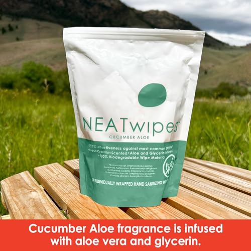 NEATSHEETS NEATwipes Hand Sanitizing Wipes | Travel Size | Disposable Wet Wipe & Biodegradable | Cucumber Aloe Essential Oil | Soothing Aloe & Glycerin | 24 Individually Wrapped Wipes - Image 5