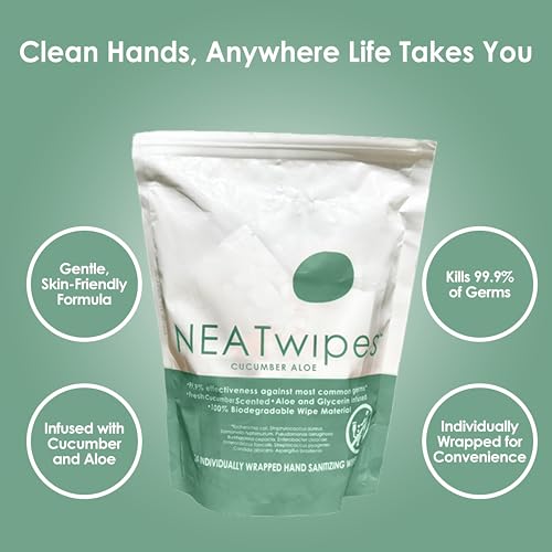 NEATSHEETS NEATwipes Hand Sanitizing Wipes | Travel Size | Disposable Wet Wipe & Biodegradable | Cucumber Aloe Essential Oil | Soothing Aloe & Glycerin | 24 Individually Wrapped Wipes - Image 3
