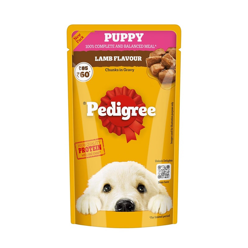 Pedigree Puppy Wet Dog Food, Lamb Flavour Chunks in Gravy, 130 g, Complete & Balanced Meal for Puppies - Image 1