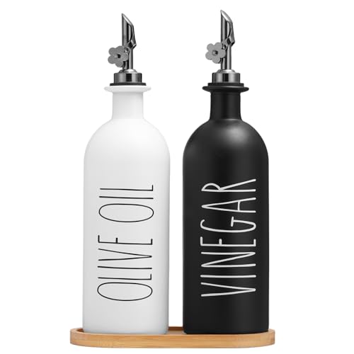 HOMCDALY 16oz Olive Oil Dispenser Bottles for Kitchen, Glass Oil Dispenser for Kitchen with Bamboo Tray, Oil&Vinegar Dispenser Set | Set of 2 (16oz-P-Black&White) - Image 1