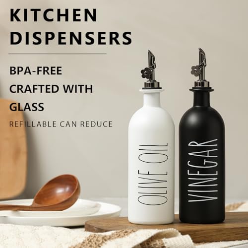 HOMCDALY 16oz Olive Oil Dispenser Bottles for Kitchen, Glass Oil Dispenser for Kitchen with Bamboo Tray, Oil&Vinegar Dispenser Set | Set of 2 (16oz-P-Black&White) - Image 2