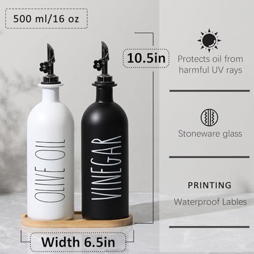 HOMCDALY 16oz Olive Oil Dispenser Bottles for Kitchen, Glass Oil Dispenser for Kitchen with Bamboo Tray, Oil&Vinegar Dispenser Set | Set of 2 (16oz-P-Black&White) - Image 3