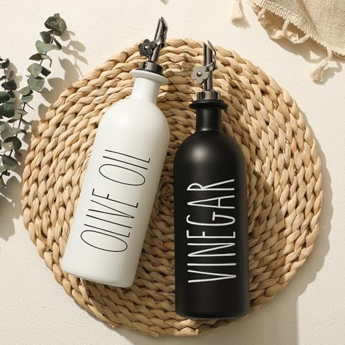 HOMCDALY 16oz Olive Oil Dispenser Bottles for Kitchen, Glass Oil Dispenser for Kitchen with Bamboo Tray, Oil&Vinegar Dispenser Set | Set of 2 (16oz-P-Black&White) - Image 4