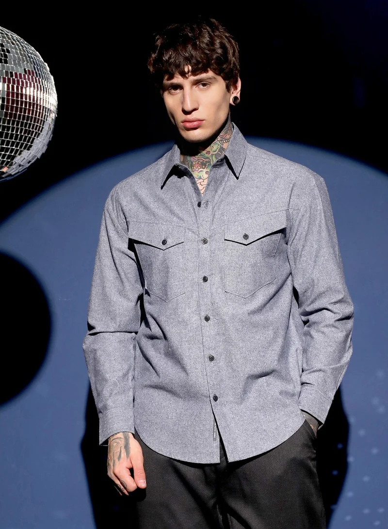 Campus Sutra Men's Aegean Blue Flap-Pocket Relaxed Shirt For Casual Wear | Polo Neck | Long Cuffed Sleeves | Button Closure | Shirt Crafted With Comfort Fit For Everyday Wear