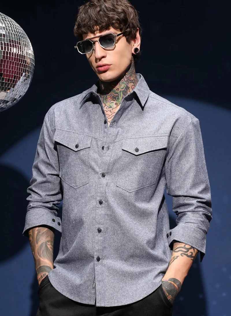 Campus Sutra Men's Aegean Blue Flap-Pocket Relaxed Shirt For Casual Wear | Polo Neck | Long Cuffed Sleeves | Button Closure | Shirt Crafted With Comfort Fit For Everyday Wear