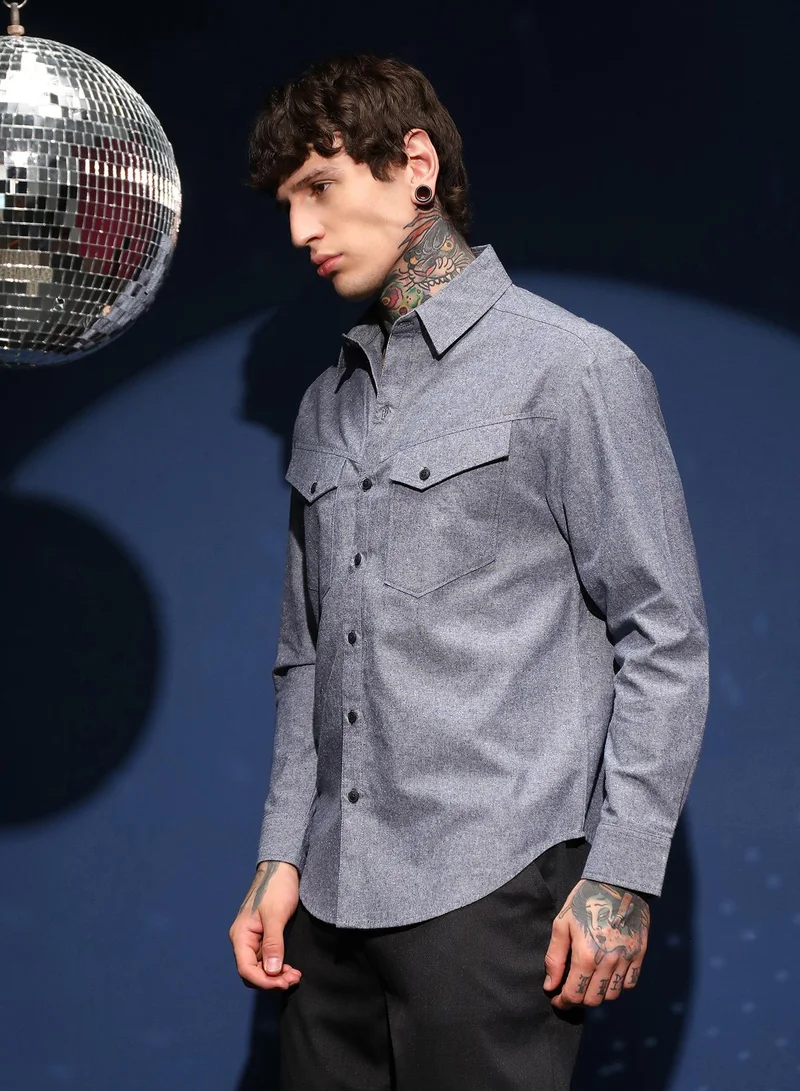 Campus Sutra Men's Aegean Blue Flap-Pocket Relaxed Shirt