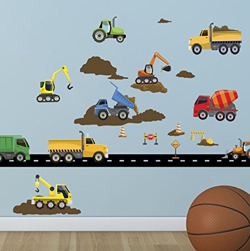 Create-A-Mural Construction Trucks Wall Decals Boys Wall Stickers, Tractor Vehicles Street Construction Theme Room Vinyl Peel & Stick Bedroom Decor Toddlers Playroom Decoration Birthday Gift (Construction Trucks) - Image 3
