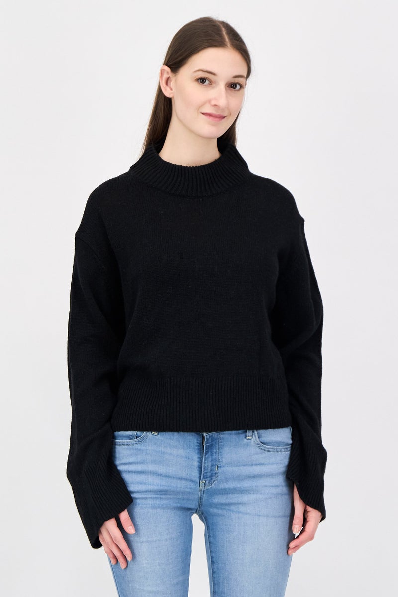 NIA Women Ribbed Collar Knitted Sweater, Black - Image 1