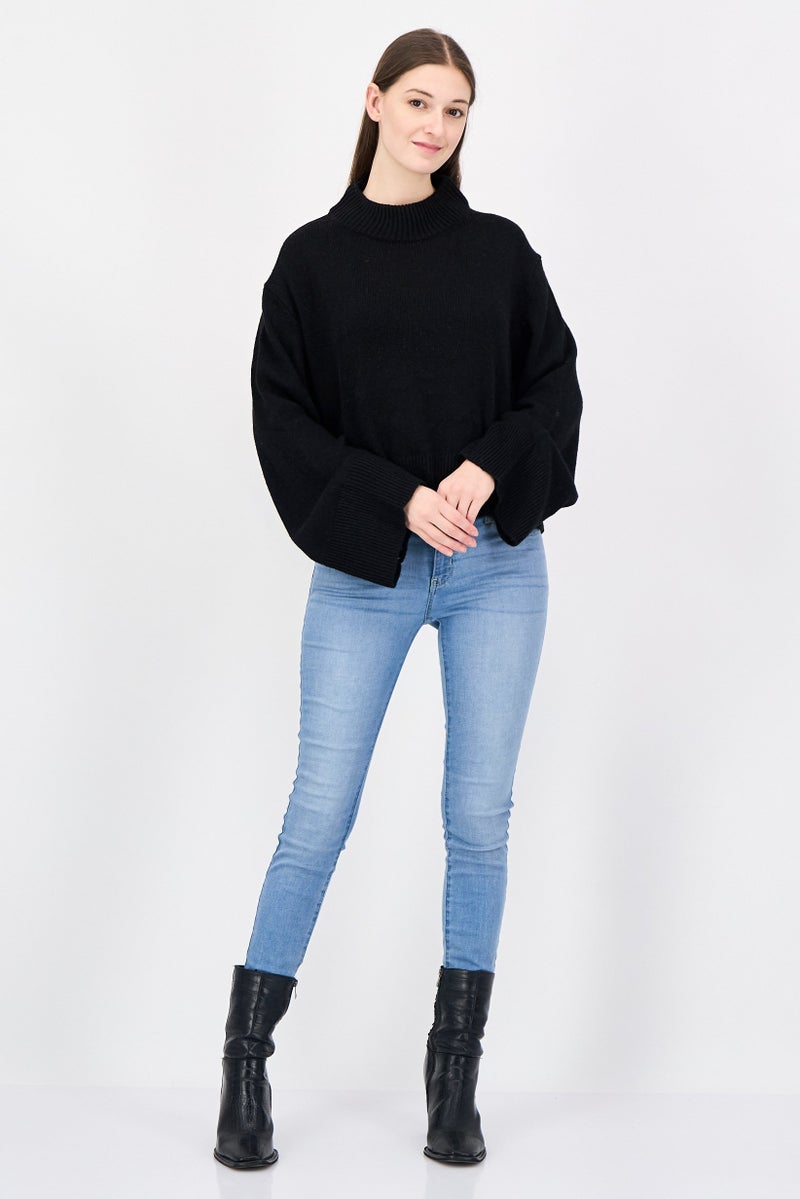 NIA Women Ribbed Collar Knitted Sweater, Black - Image 2